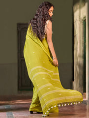 Bengal Vibes. Handwoven Jamdani Soft Mul Cotton Saree - Lime Poetry