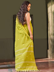Bengal Vibes. Handwoven Jamdani Soft Mul Cotton Saree - Lime Poetry