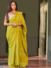 Bengal Vibes. Handwoven Jamdani Soft Mul Cotton Saree - Lime Poetry