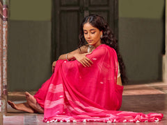 Bengal Vibes. Handwoven Jamdani Soft Mul Cotton Saree - Vibrant Blush