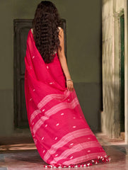 Bengal Vibes. Handwoven Jamdani Soft Mul Cotton Saree - Vibrant Blush