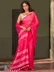 Bengal Vibes. Handwoven Jamdani Soft Mul Cotton Saree - Vibrant Blush