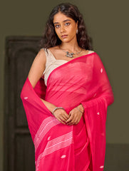 Bengal Vibes. Handwoven Jamdani Soft Mul Cotton Saree - Vibrant Blush