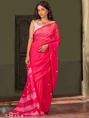 Bengal Vibes. Handwoven Jamdani Soft Mul Cotton Saree - Vibrant Blush