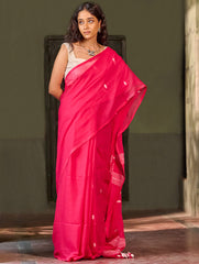 Bengal Vibes. Handwoven Jamdani Soft Mul Cotton Saree - Vibrant Blush