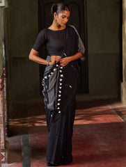 Bengal Vibes. Handwoven Jamdani Soft Mul Cotton Saree - Deep Monochrome