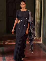 Bengal Vibes. Handwoven Jamdani Soft Mul Cotton Saree - Deep Monochrome