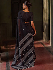 Bengal Vibes. Handwoven Jamdani Soft Mul Cotton Saree - Deep Monochrome