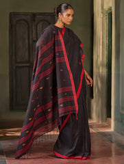 Bengal Vibes. Handwoven Jamdani Soft Mul Cotton Saree - Black and Red