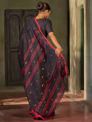 Bengal Vibes. Handwoven Jamdani Soft Mul Cotton Saree - Black and Red