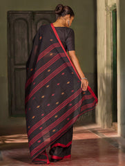 Bengal Vibes. Handwoven Jamdani Soft Mul Cotton Saree - Black and Red