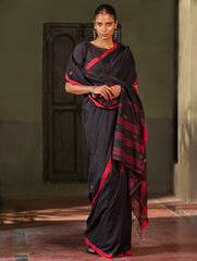 Bengal Vibes. Handwoven Jamdani Soft Mul Cotton Saree - Black and Red