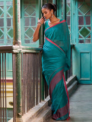 Bengal Vibes. Handwoven Jamdani Soft Mul Cotton Saree - Peacock Green