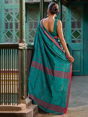 Bengal Vibes. Handwoven Jamdani Soft Mul Cotton Saree - Peacock Green