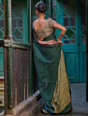 Bengal Vibes. Elegant Handwoven Patli Linen Saree - Forest Reverie