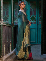 Bengal Vibes. Elegant Handwoven Patli Linen Saree - Forest Reverie