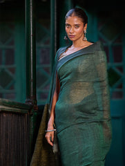 Bengal Vibes. Elegant Handwoven Patli Linen Saree - Forest Reverie