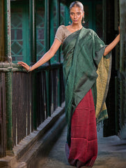 Bengal Vibes. Elegant Handwoven Patli Linen Saree - Forest Reverie