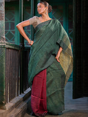 Bengal Vibes. Elegant Handwoven Patli Linen Saree - Forest Reverie