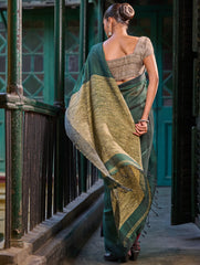 Bengal Vibes. Elegant Handwoven Patli Linen Saree - Forest Reverie