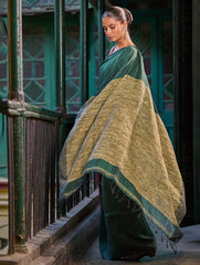 Bengal Vibes. Elegant Handwoven Patli Linen Saree - Forest Reverie