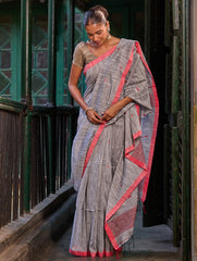Bengal Vibes. Handwoven Jamdani Soft Mul Cotton Saree - Silver Smoke