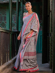 Bengal Vibes. Handwoven Jamdani Soft Mul Cotton Saree - Silver Smoke