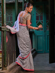 Bengal Vibes. Handwoven Jamdani Soft Mul Cotton Saree - Silver Smoke