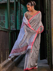 Bengal Vibes. Handwoven Jamdani Soft Mul Cotton Saree - Silver Smoke
