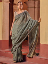 Bengal Vibes. Handwoven Linen & Kantha Border Saree - Muted Grey