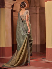 Bengal Vibes. Handwoven Linen & Kantha Border Saree - Muted Grey