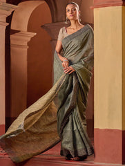 Bengal Vibes. Handwoven Linen & Kantha Border Saree - Muted Grey
