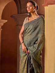 Bengal Vibes. Handwoven Linen & Kantha Border Saree - Muted Grey