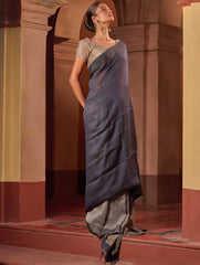 Bengal Vibes. Elegant Handwoven Patli Linen Saree - Midnight Ash