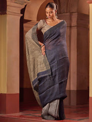 Bengal Vibes. Elegant Handwoven Patli Linen Saree - Midnight Ash