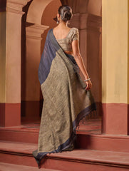 Bengal Vibes. Elegant Handwoven Patli Linen Saree - Midnight Ash