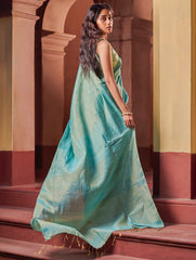 Bengal Elegance. Handwoven Tissue & Linen Saree - Turquoise Soft Gold