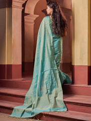 Bengal Elegance. Handwoven Tissue & Linen Saree - Turquoise Soft Gold