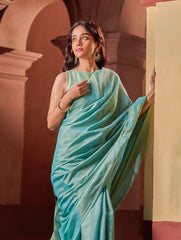Bengal Elegance. Handwoven Tissue & Linen Saree - Turquoise Soft Gold