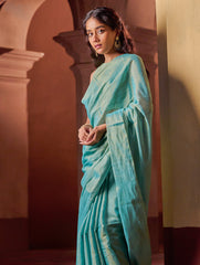 Bengal Elegance. Handwoven Tissue & Linen Saree - Turquoise Soft Gold