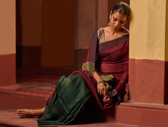 Bengal Vibes. Elegant Handwoven Patli Linen Saree - Crimson Drape