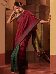 Bengal Vibes. Elegant Handwoven Patli Linen Saree - Crimson Drape