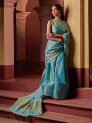 Bengal Elegance. Handwoven Tissue & Linen Saree - Mist Blue