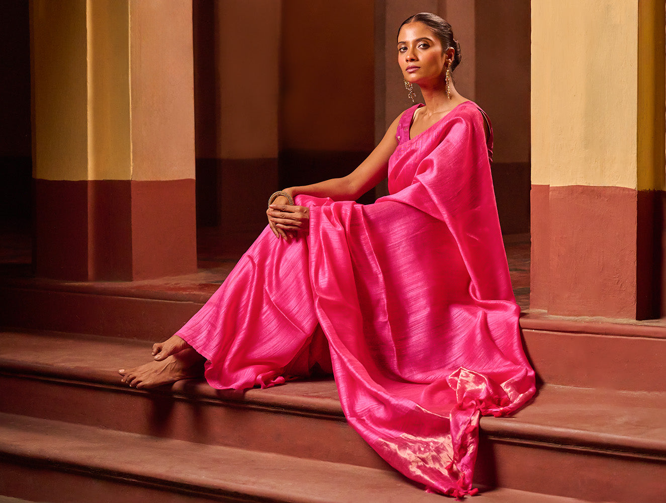 Bengal Elegance. Handwoven Soft Resham Matka Silk Saree - Warm Magenta