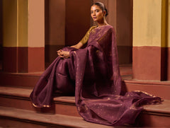 Bengal Elegance. Handwoven Sequinned Resham Silk Saree - Dusky Grape