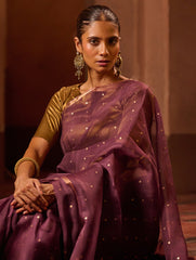 Bengal Elegance. Handwoven Sequinned Resham Silk Saree - Dusky Grape