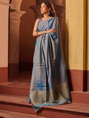 Bengal Elegance. Handwoven Tissue & Linen Saree - Blue Love