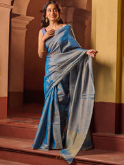Bengal Elegance. Handwoven Tissue & Linen Saree - Blue Love