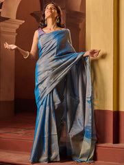 Bengal Elegance. Handwoven Tissue & Linen Saree - Blue Love