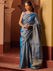 Bengal Elegance. Handwoven Tissue & Linen Saree - Blue Love